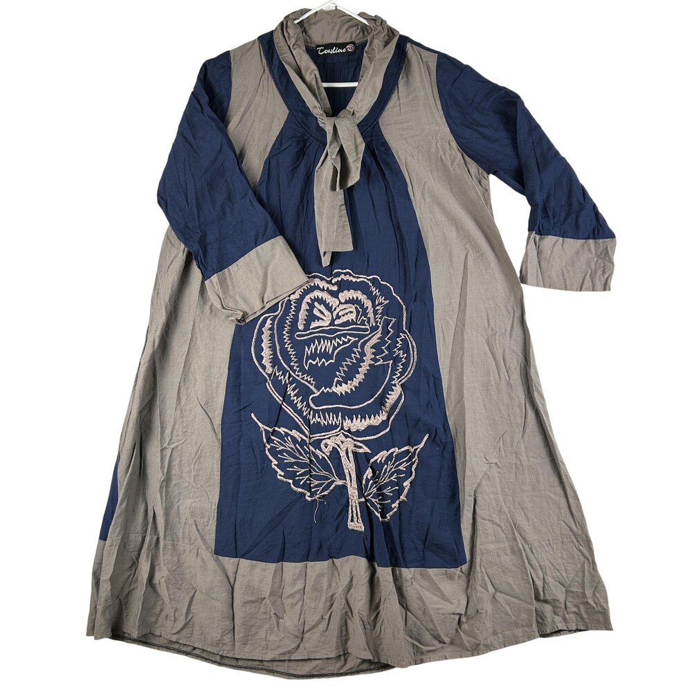 Towline Dress Womens XL Blue Gray Colorblock Kaftan Maxi Embroidered Rose